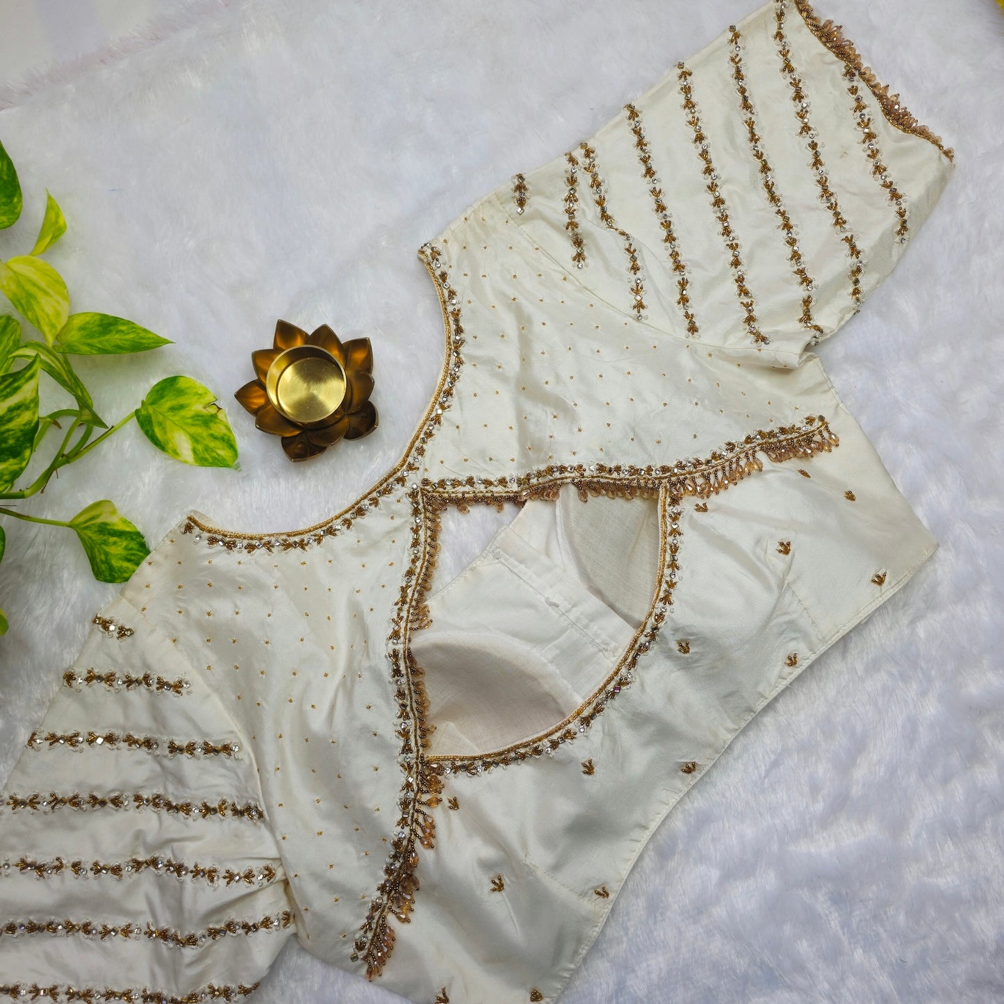 Off White Crystal Beads Handwork Blouse