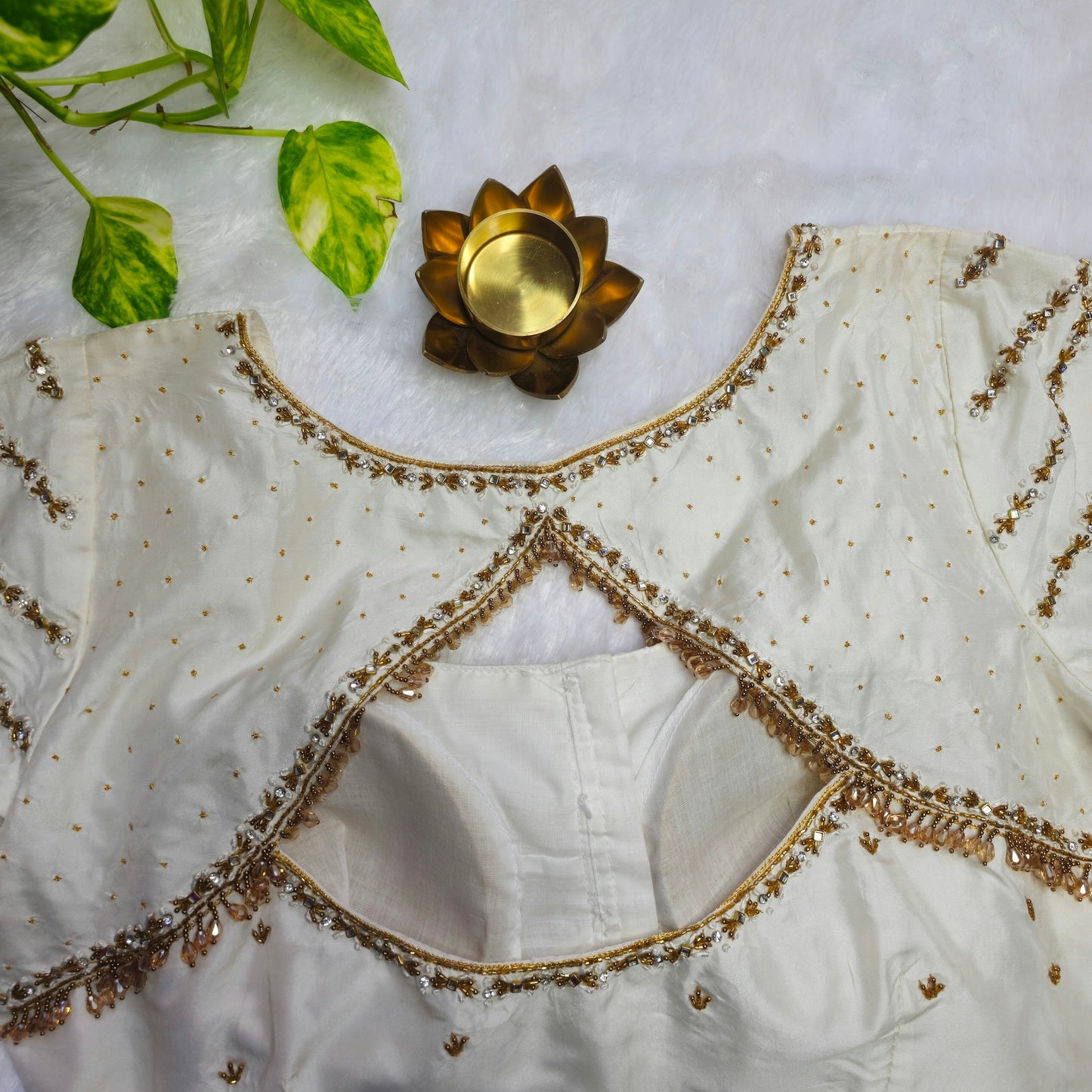 Off White Crystal Beads Handwork Blouse