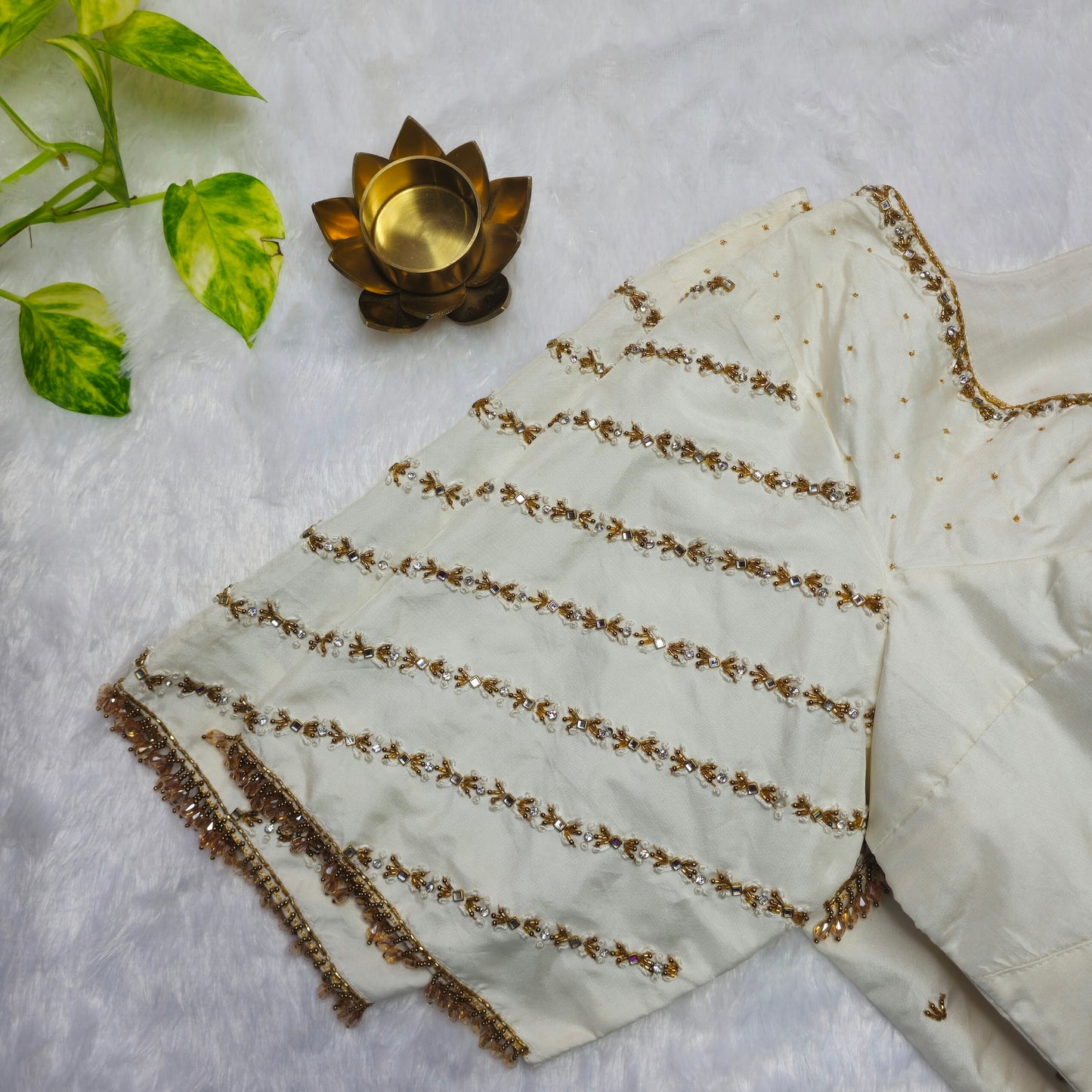 Off White Crystal Beads Handwork Blouse