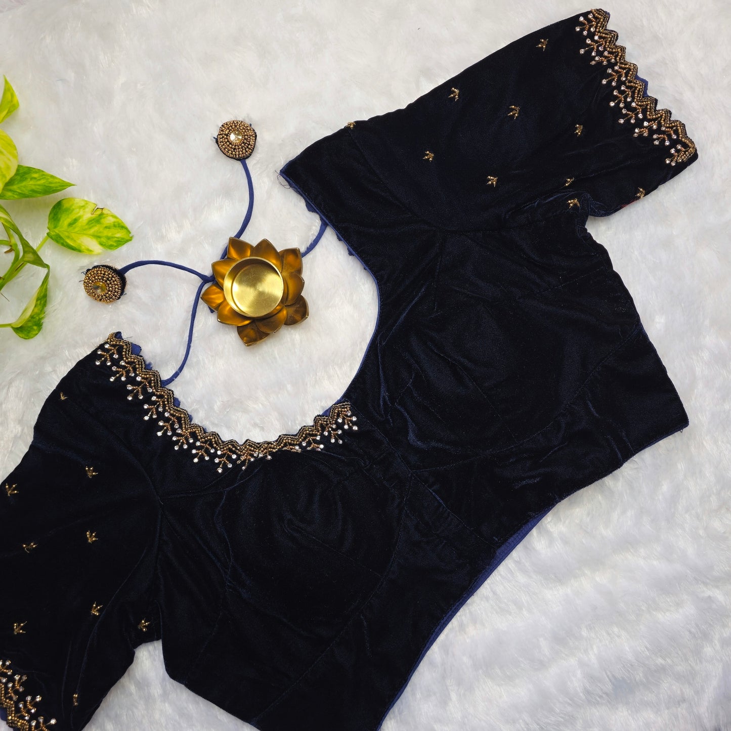 Navy Blue Velvet Handwork Blouse