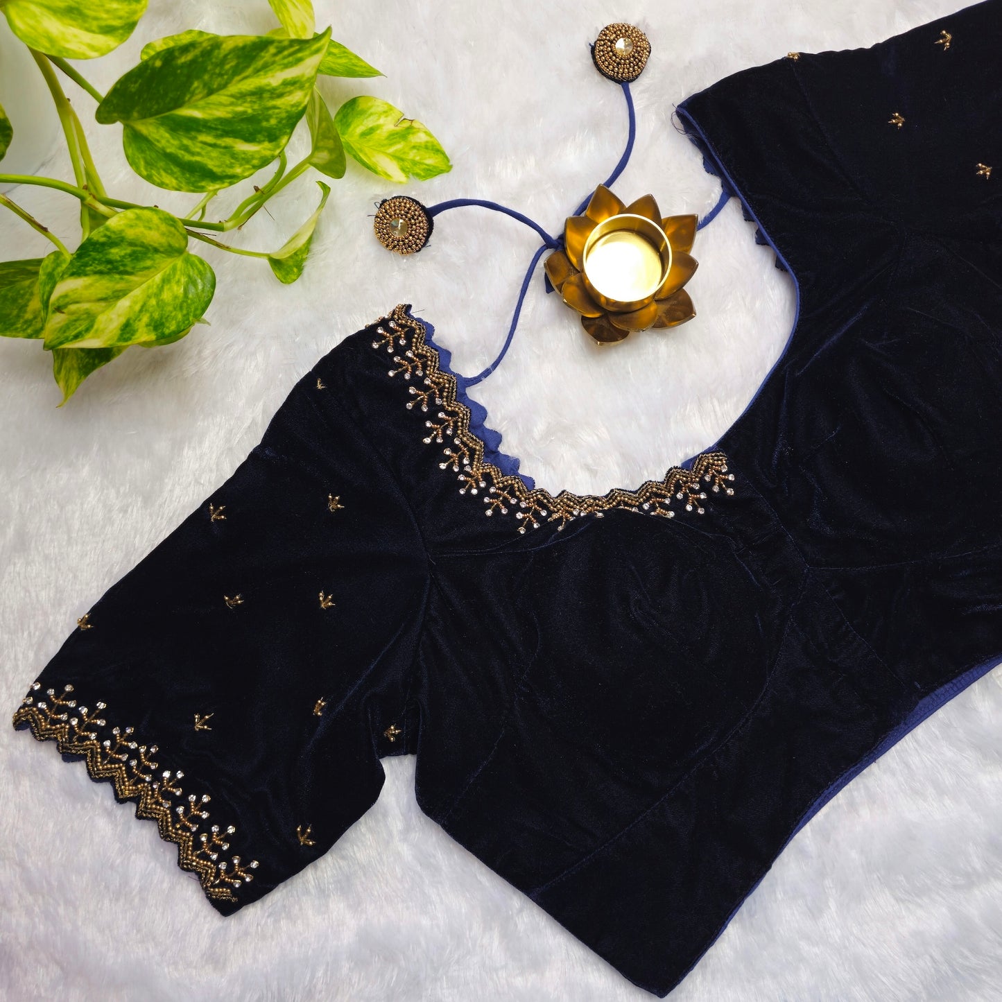 Navy Blue Velvet Handwork Blouse