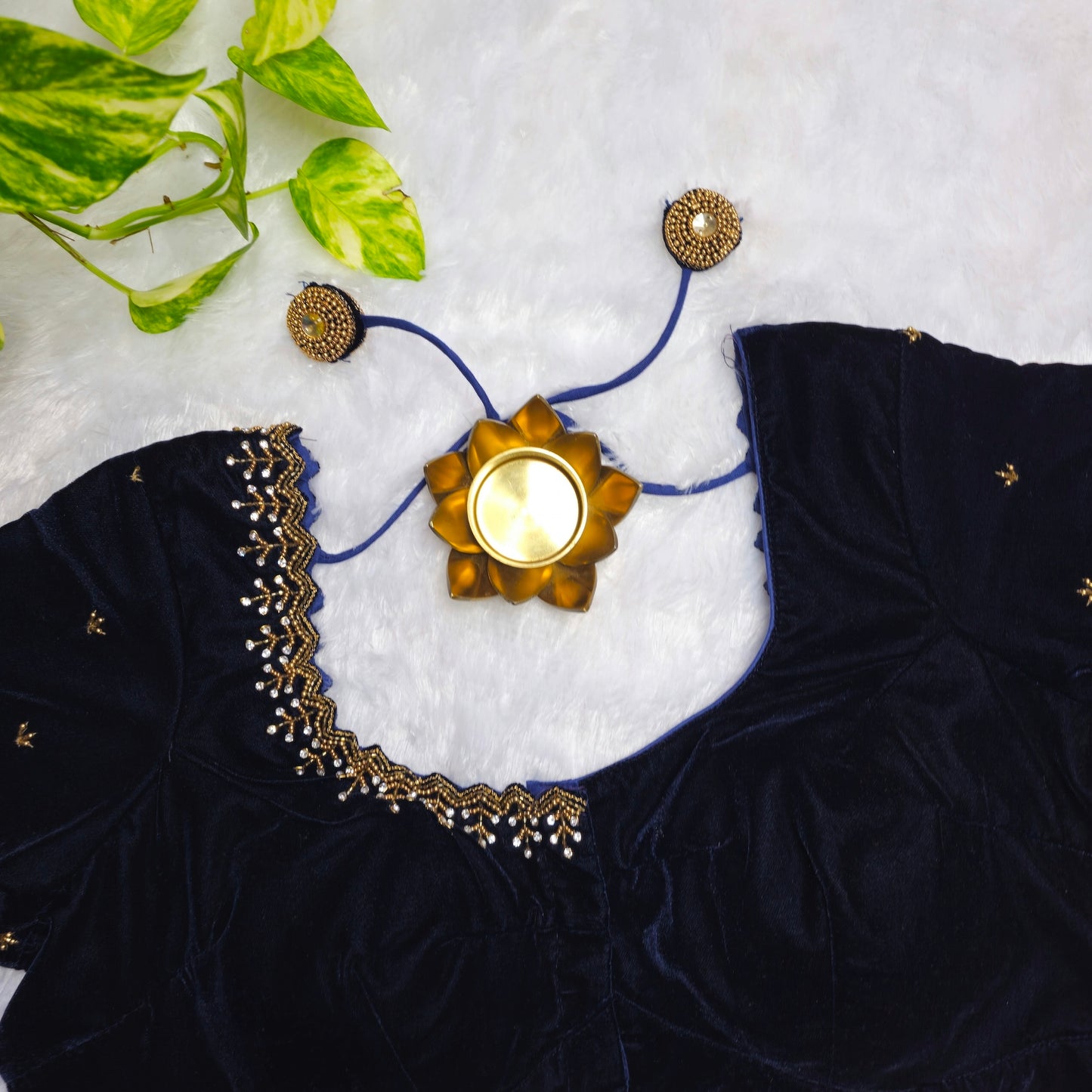 Navy Blue Velvet Handwork Blouse