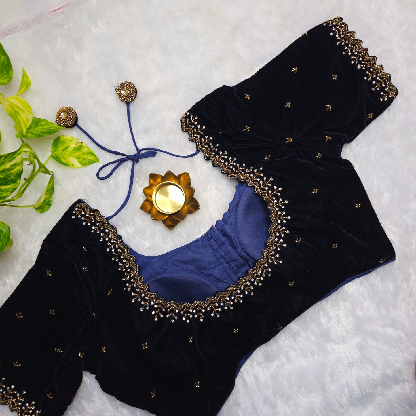 Navy Blue Velvet Handwork Blouse