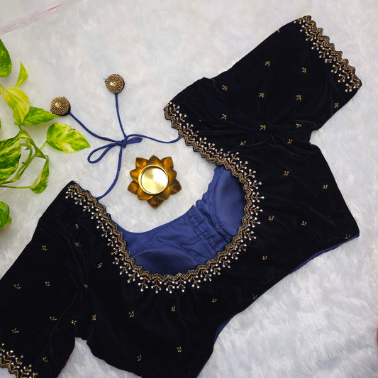 Navy Blue Velvet Handwork Blouse