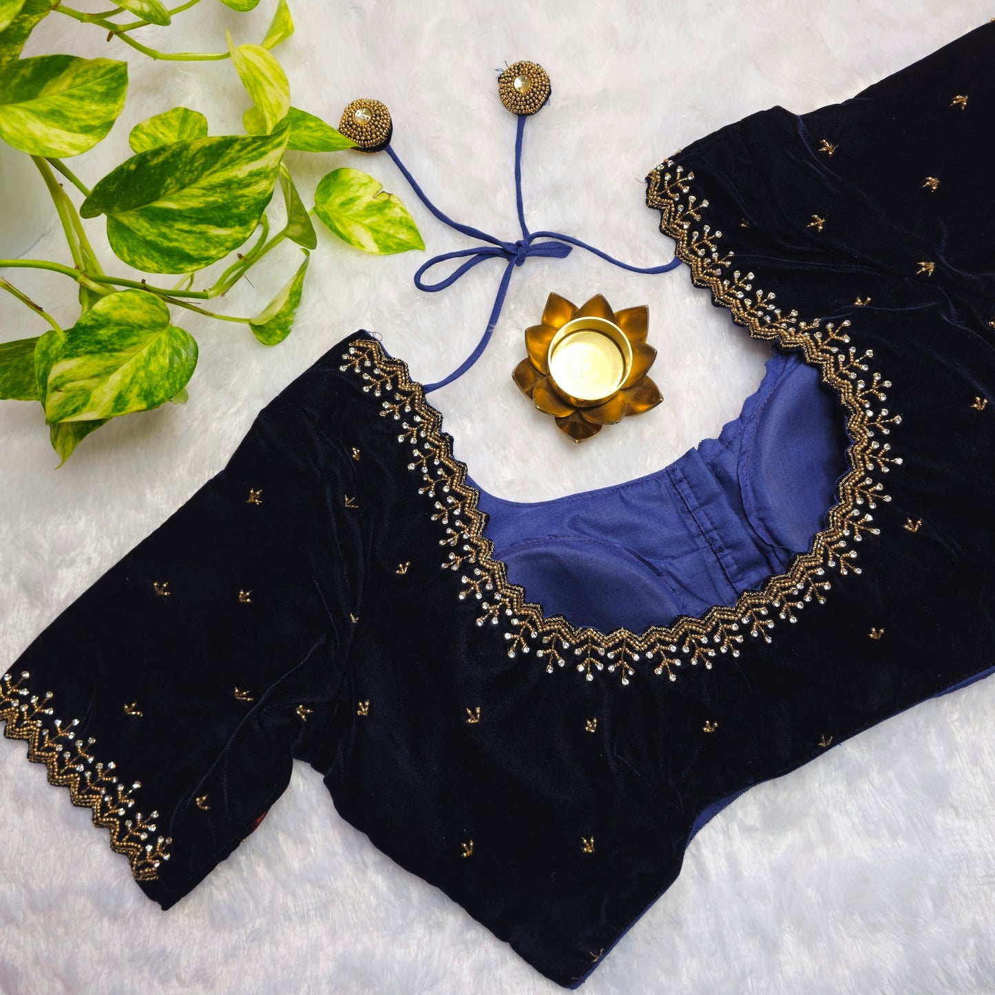 Navy Blue Velvet Handwork Blouse