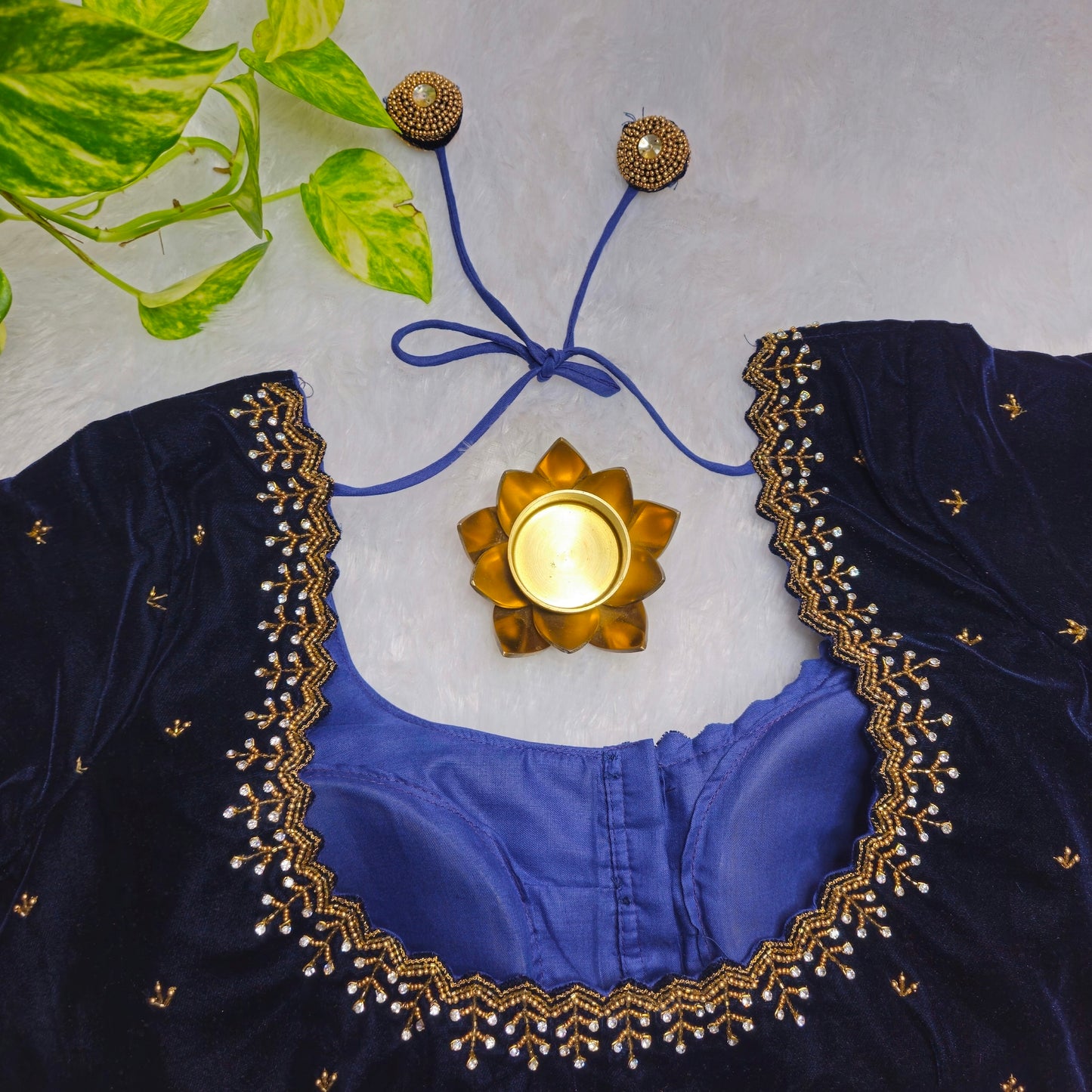 Navy Blue Velvet Handwork Blouse