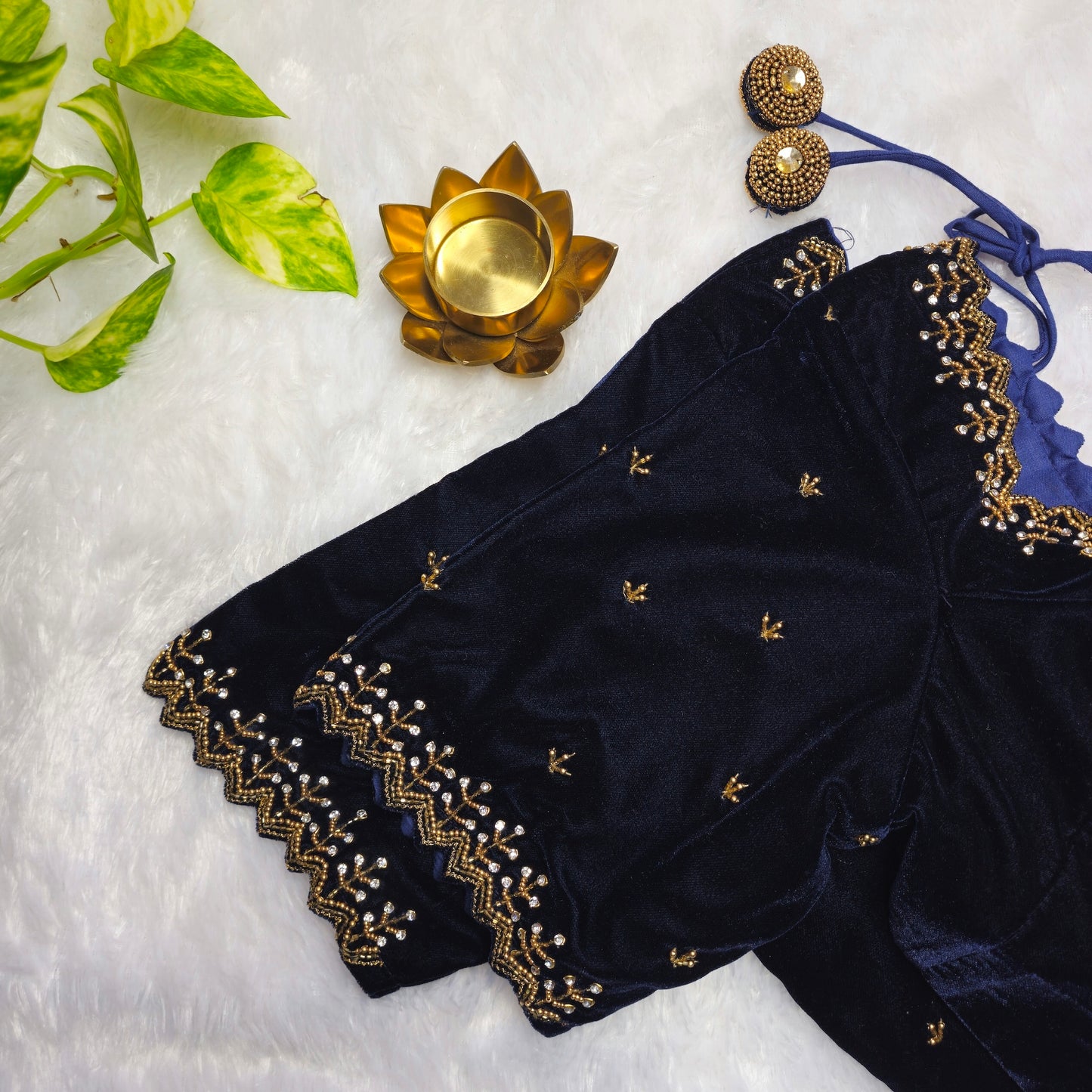 Navy Blue Velvet Handwork Blouse