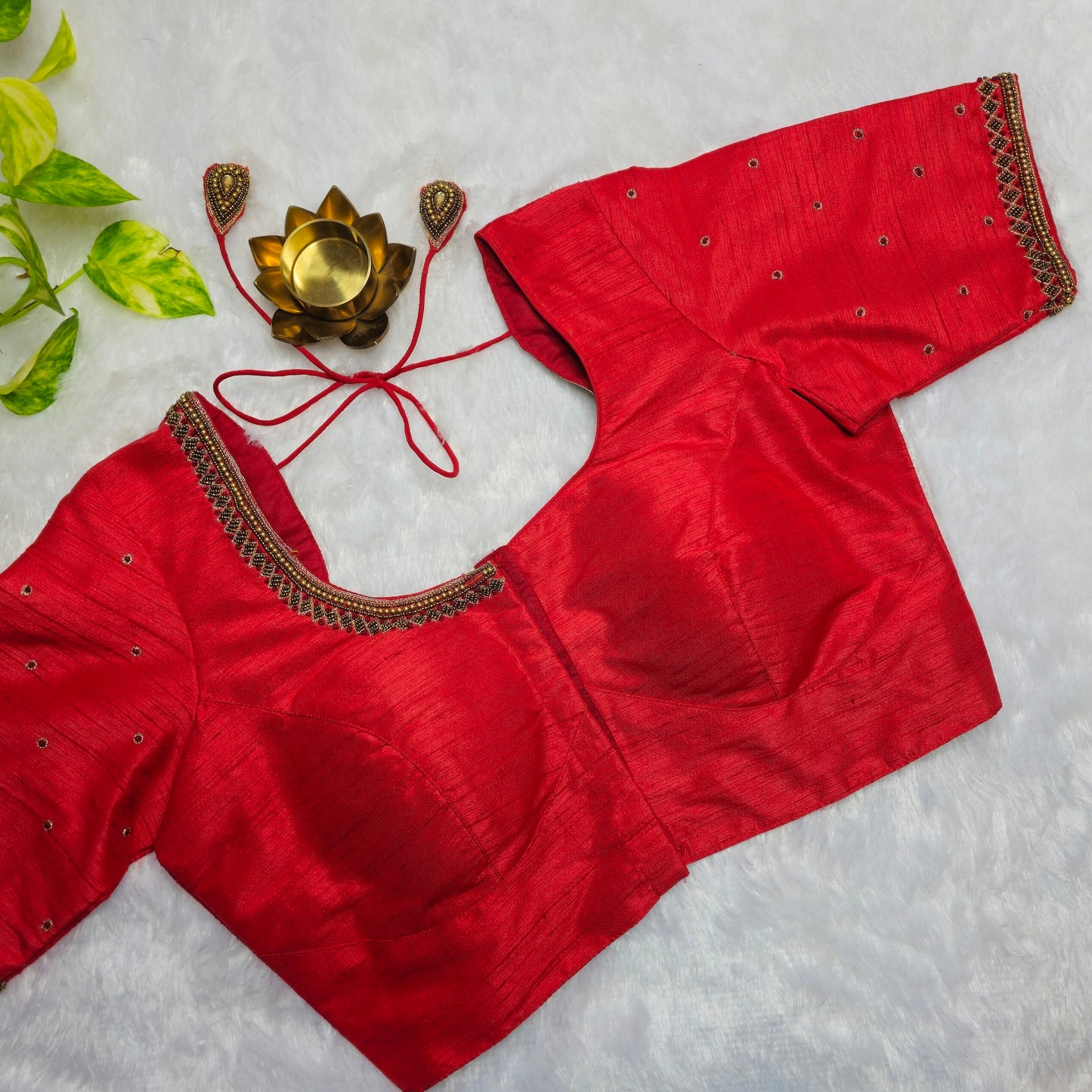 Red Raw Silk Handwork Blouse