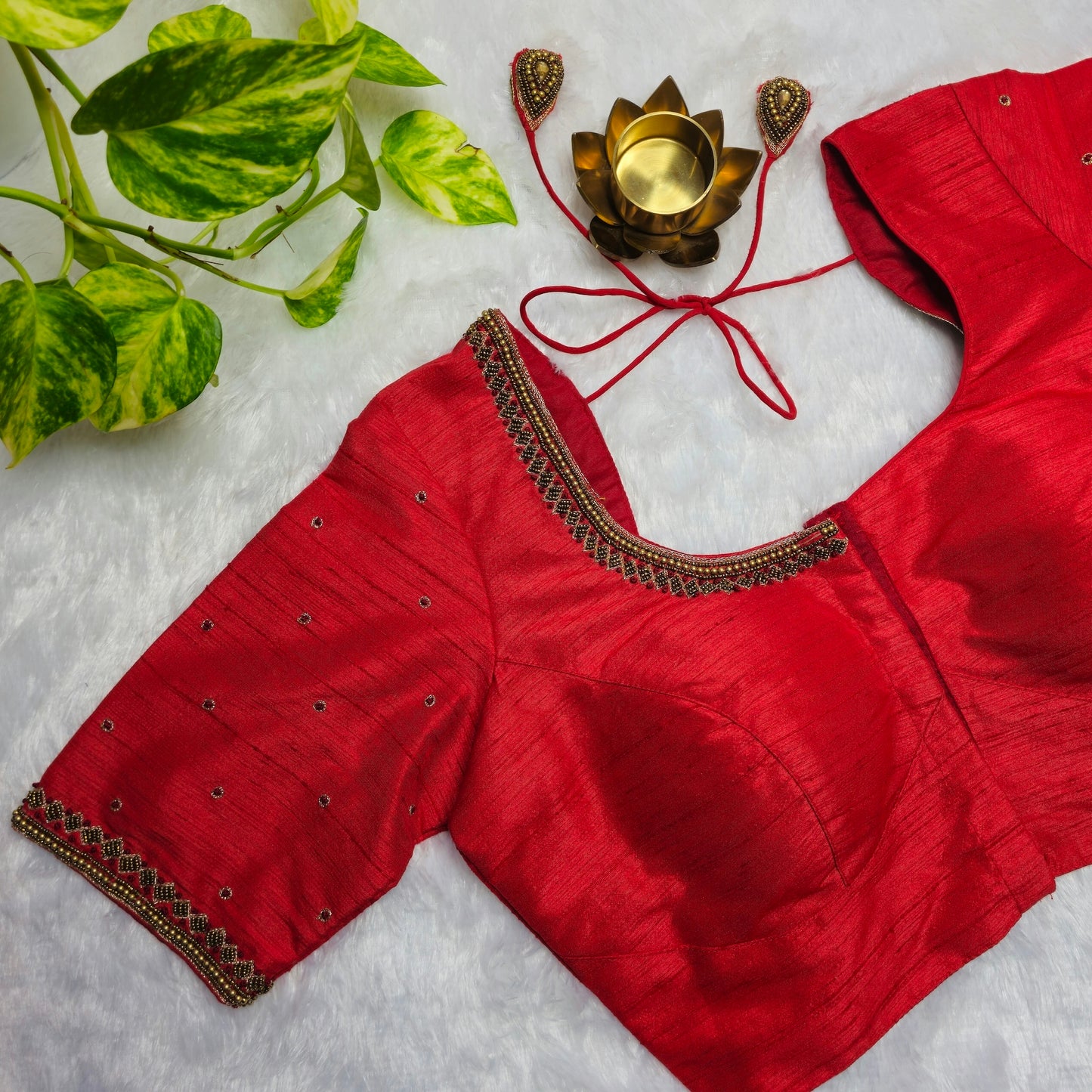 Red Raw Silk Handwork Blouse
