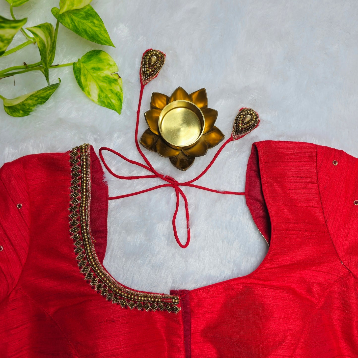 Red Raw Silk Handwork Blouse