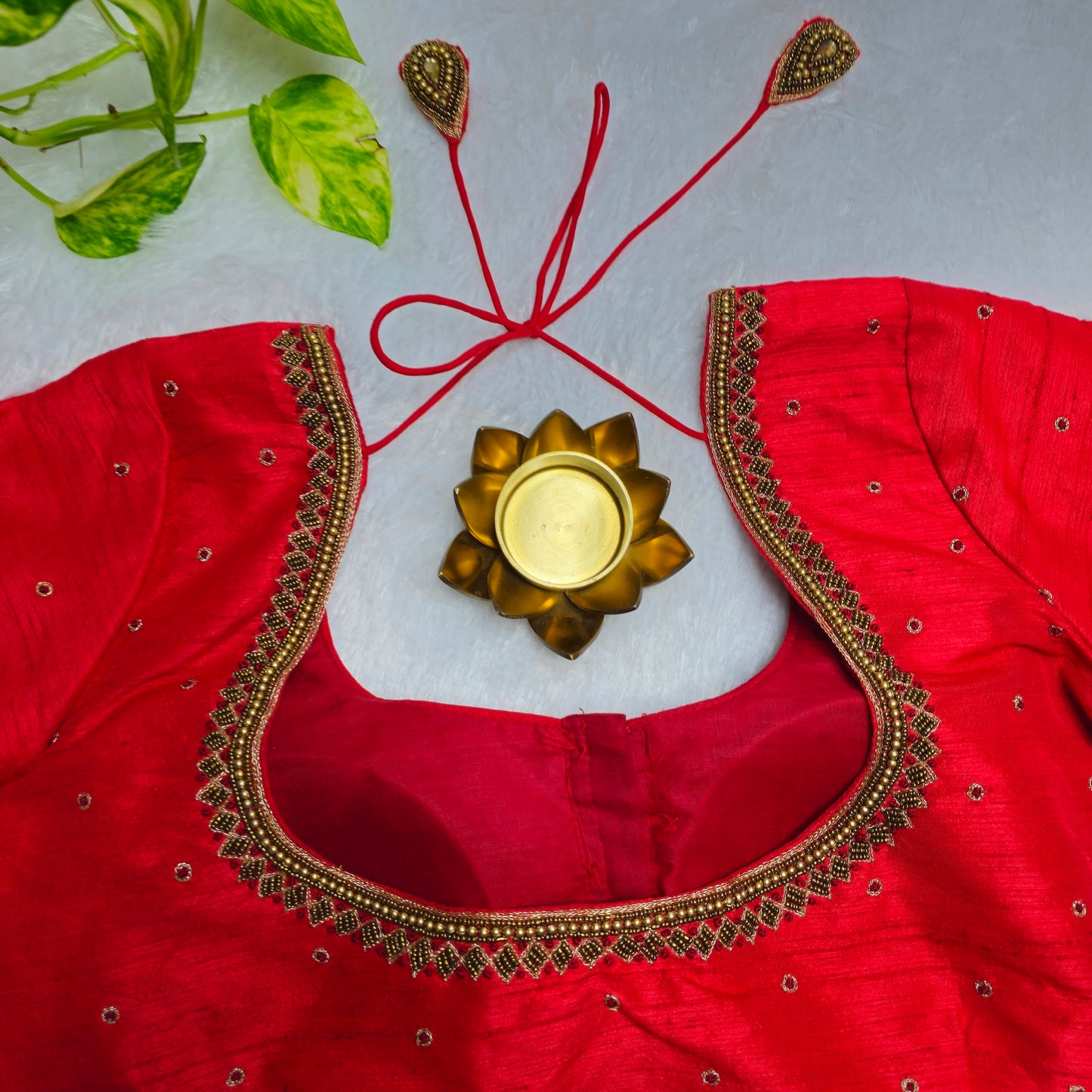 Red Raw Silk Handwork Blouse