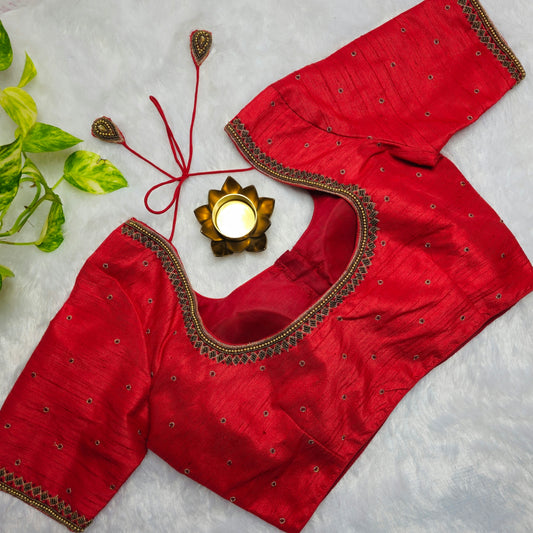 Red Raw Silk Handwork Blouse