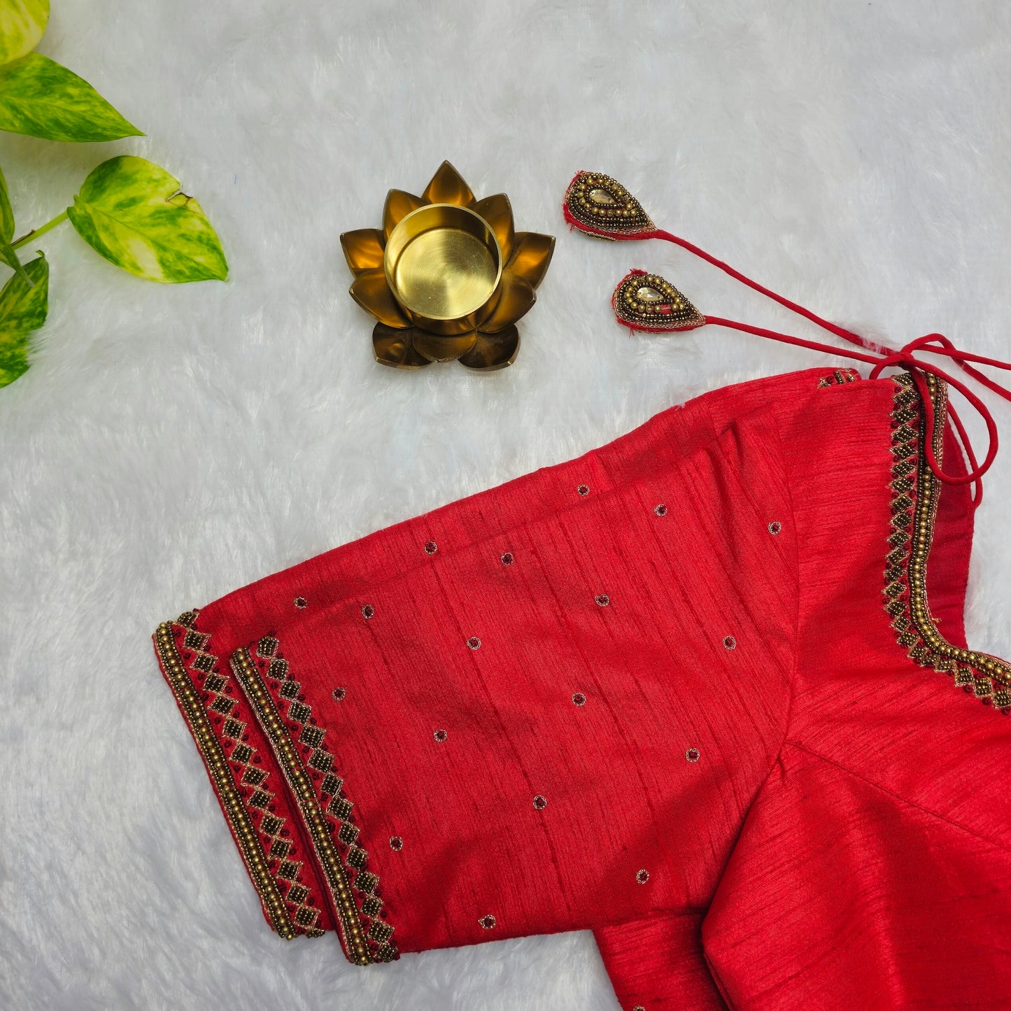 Red Raw Silk Handwork Blouse
