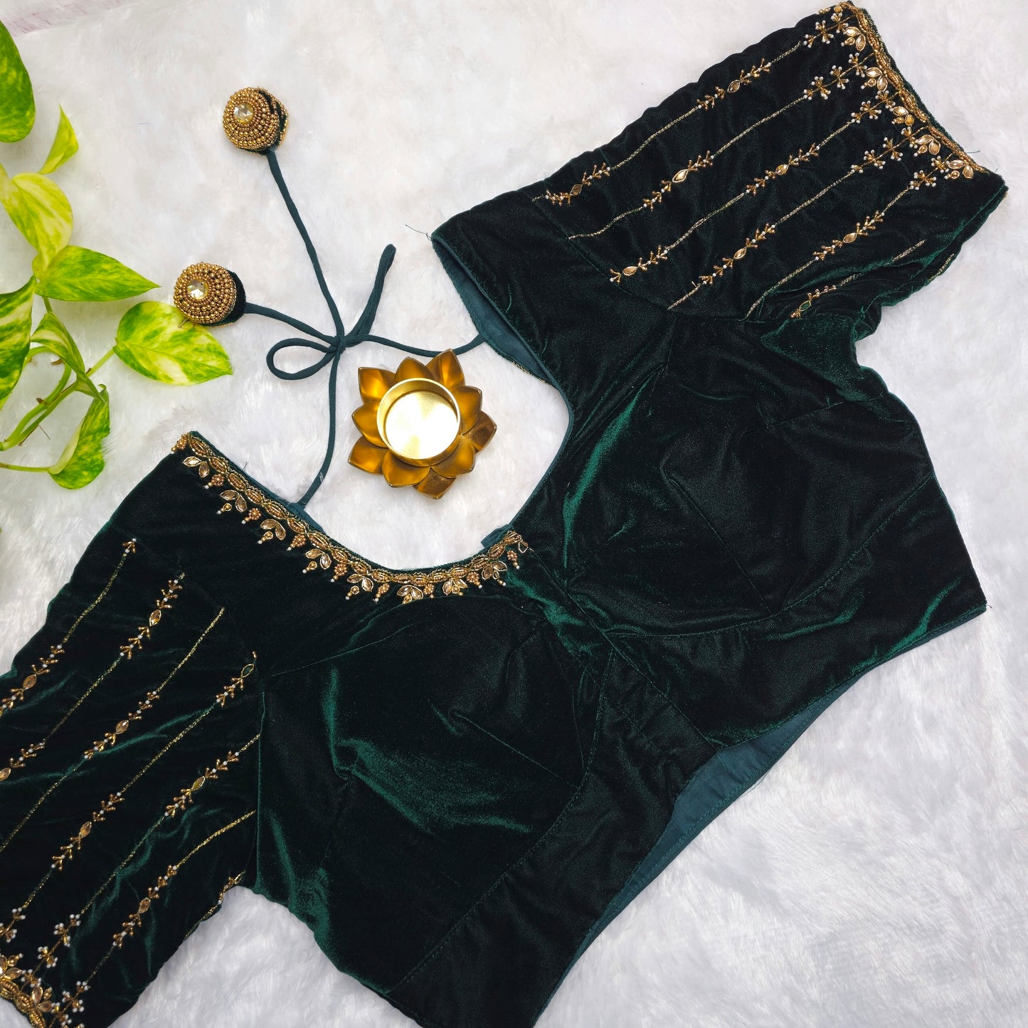 Bottle Green Velvet Handwork Blouse