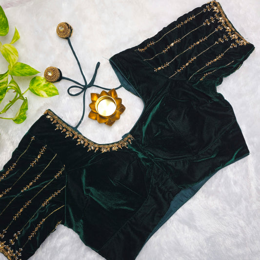 Bottle Green Velvet Handwork Blouse
