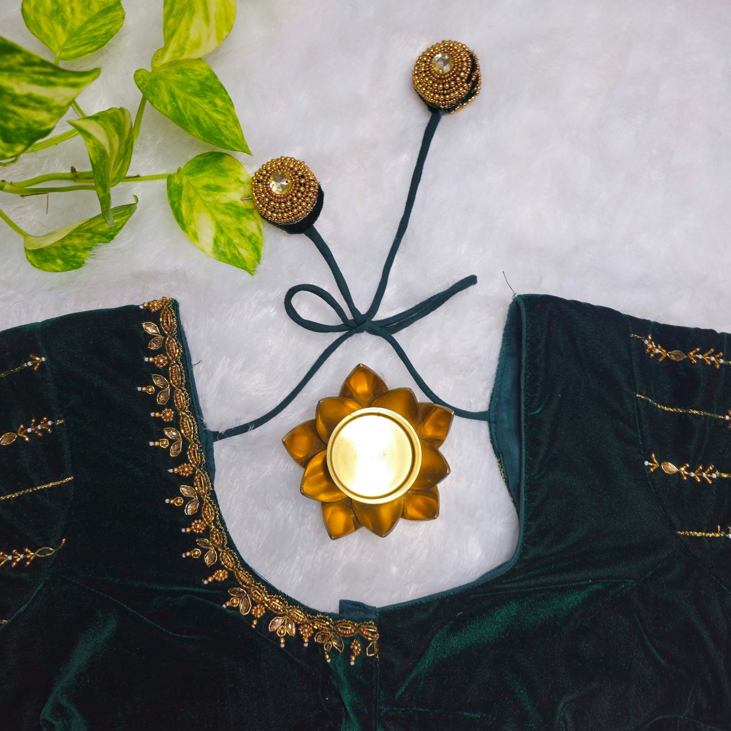 Bottle Green Velvet Handwork Blouse