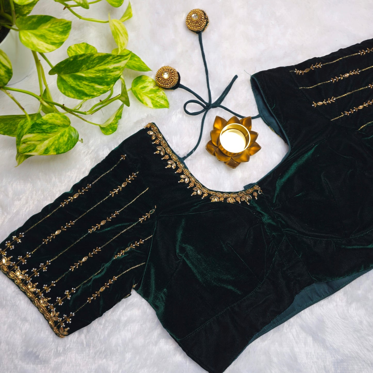 Bottle Green Velvet Handwork Blouse