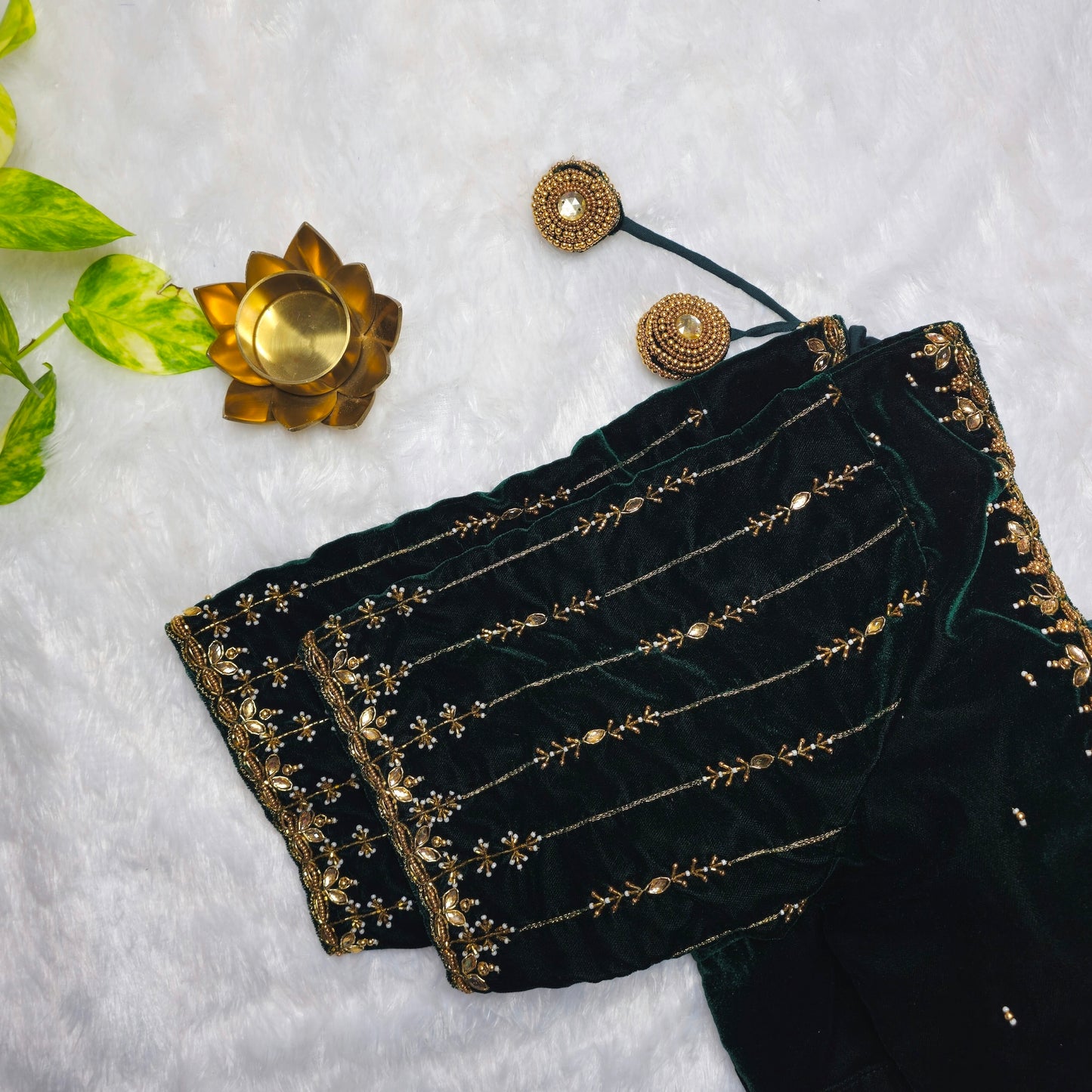 Bottle Green Velvet Handwork Blouse