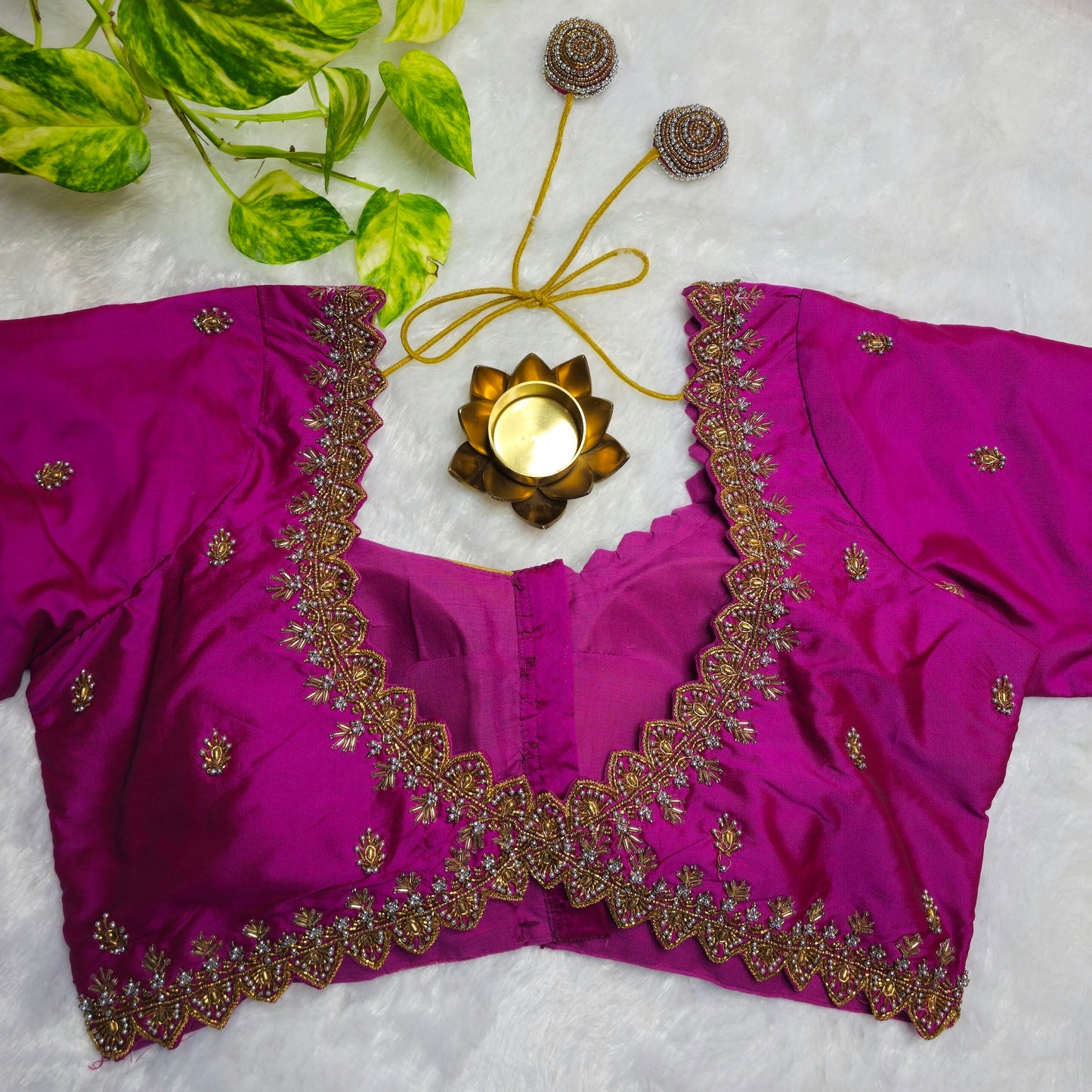 Magenta Pink Butter silk Handwork Blouse