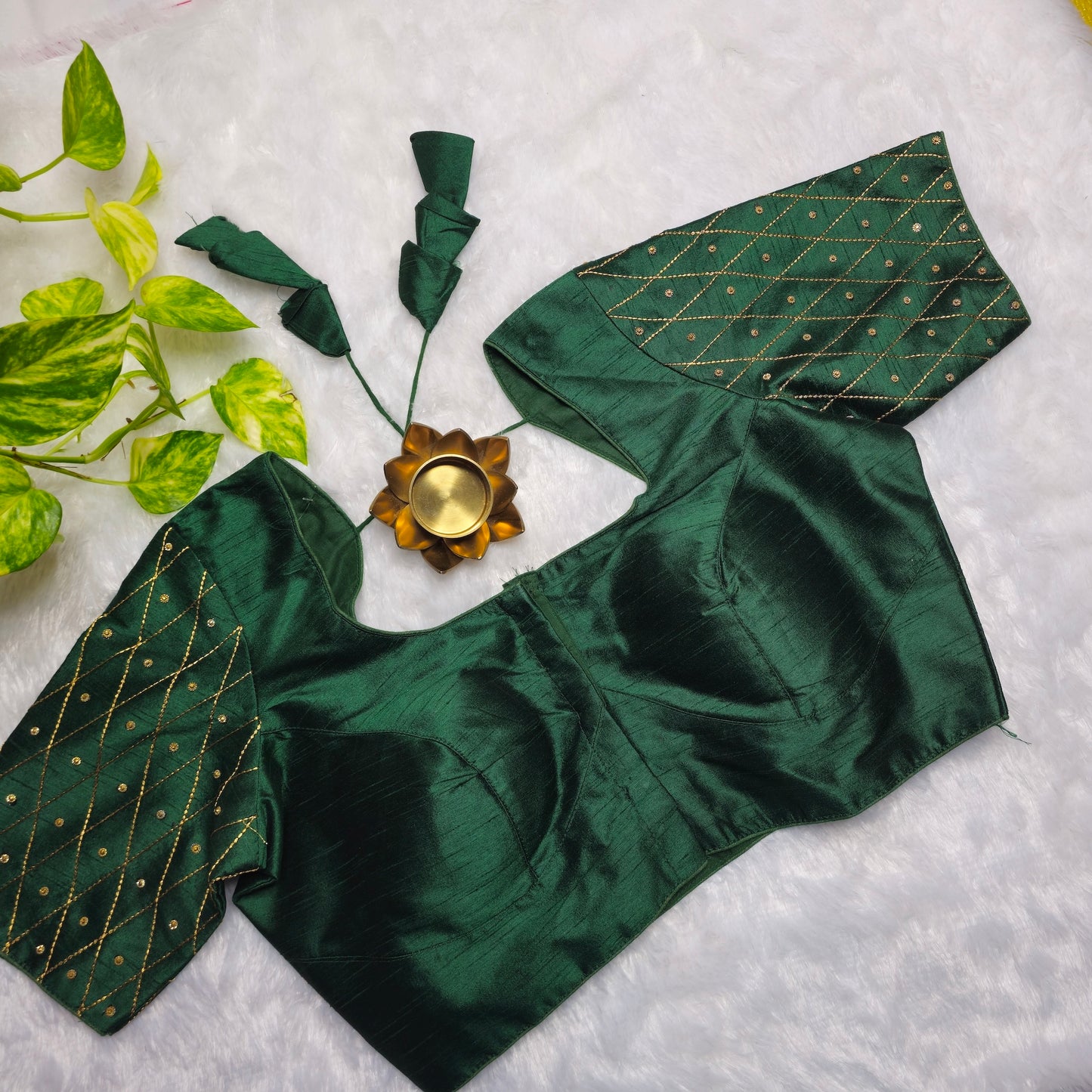 Bottle Green Raw Silk Simple Embroidery Blouse