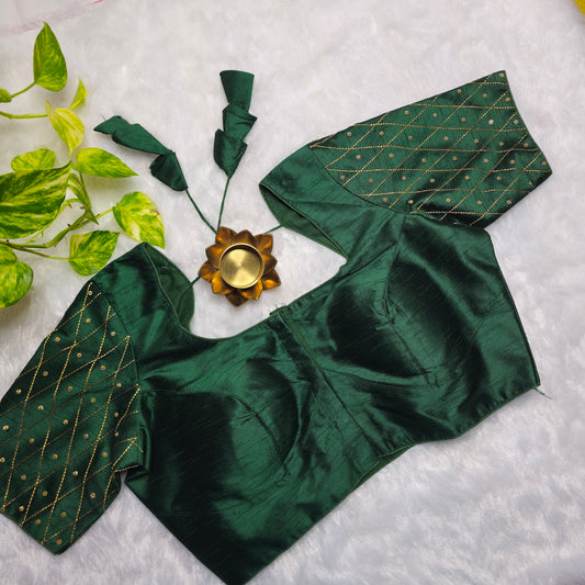 Bottle Green Raw Silk Simple Embroidery Blouse