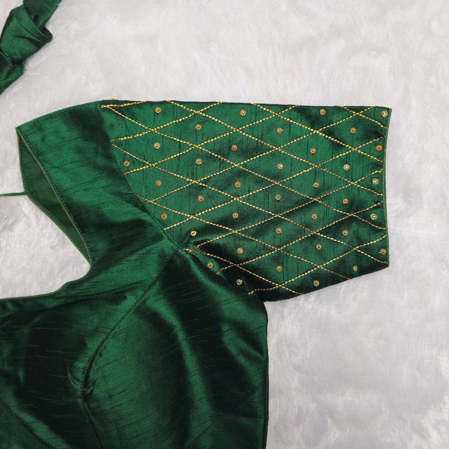 Bottle Green Raw Silk Simple Embroidery Blouse