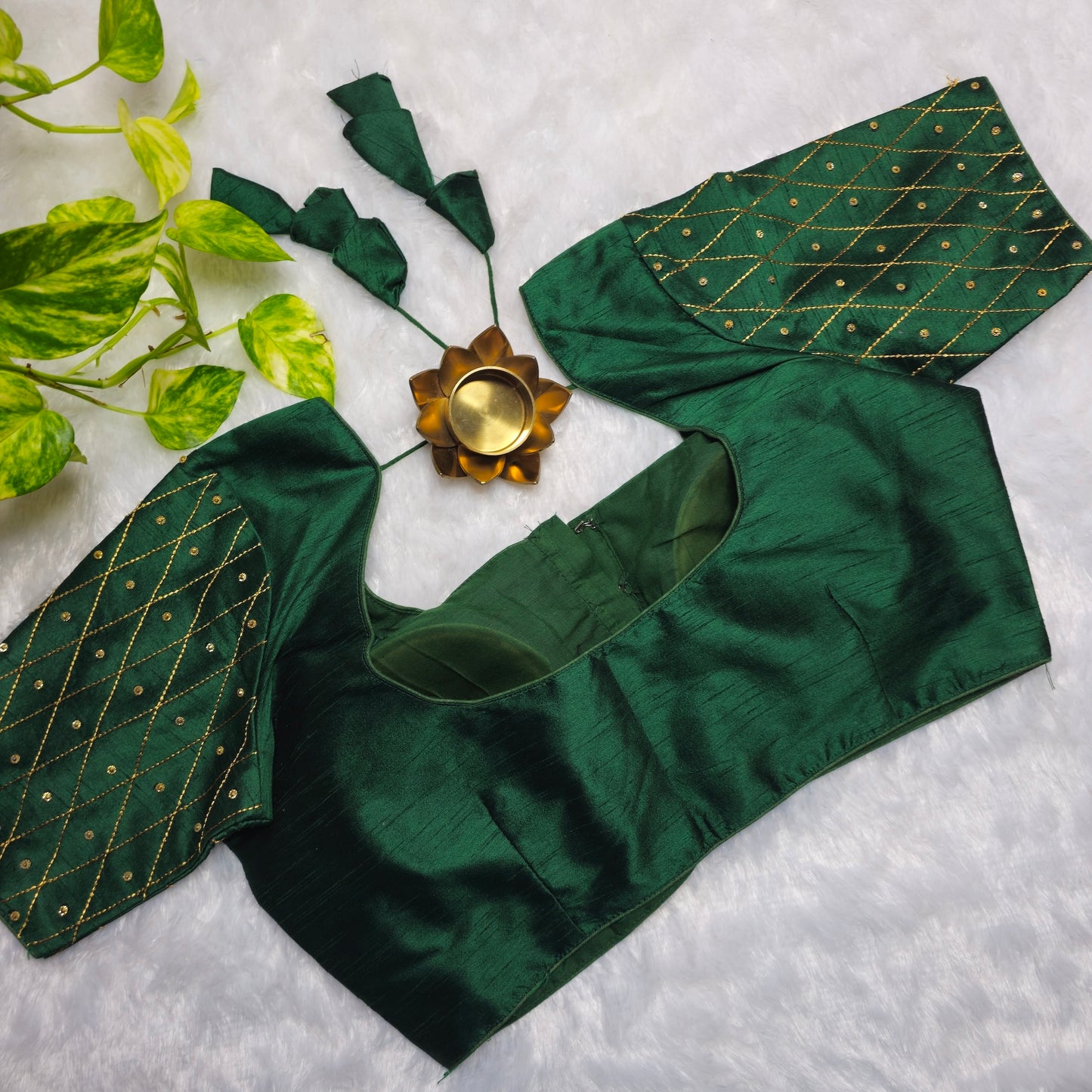 Bottle Green Raw Silk Simple Embroidery Blouse