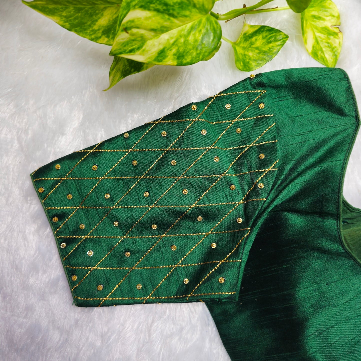 Bottle Green Raw Silk Simple Embroidery Blouse