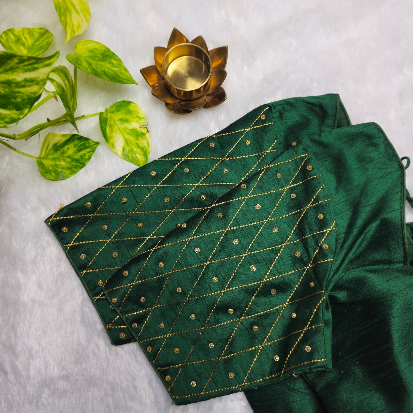 Bottle Green Raw Silk Simple Embroidery Blouse